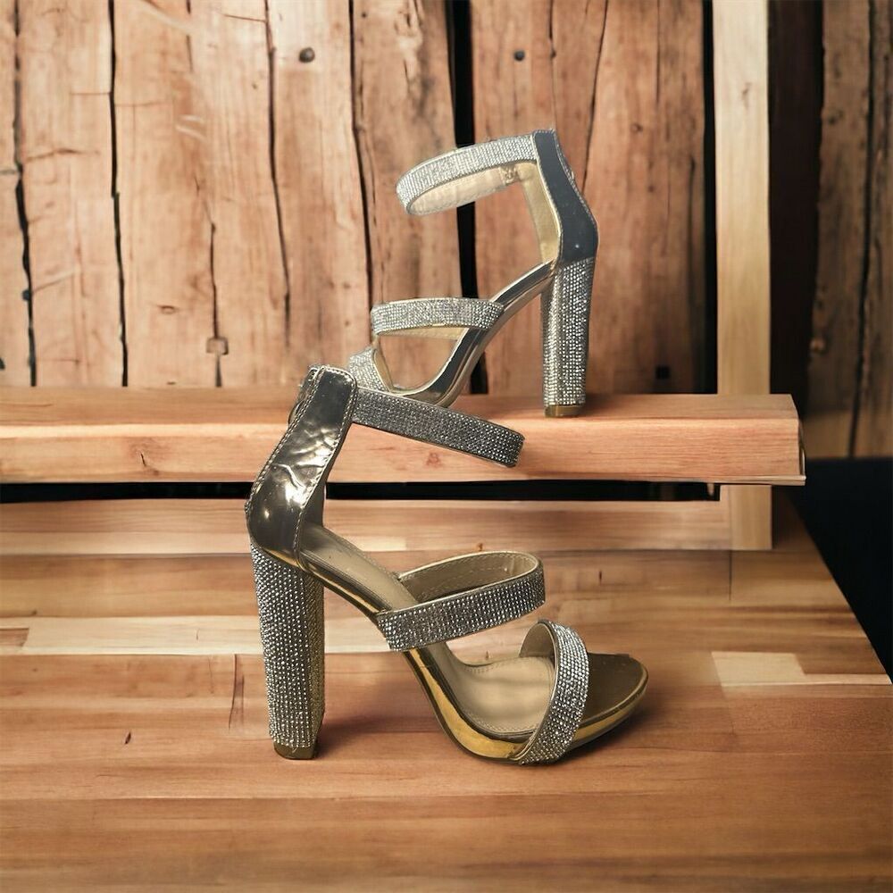 Windsor Rosy Gold Formal Ankle Strap Zip Back Rhinestone Block Heel Open Toe